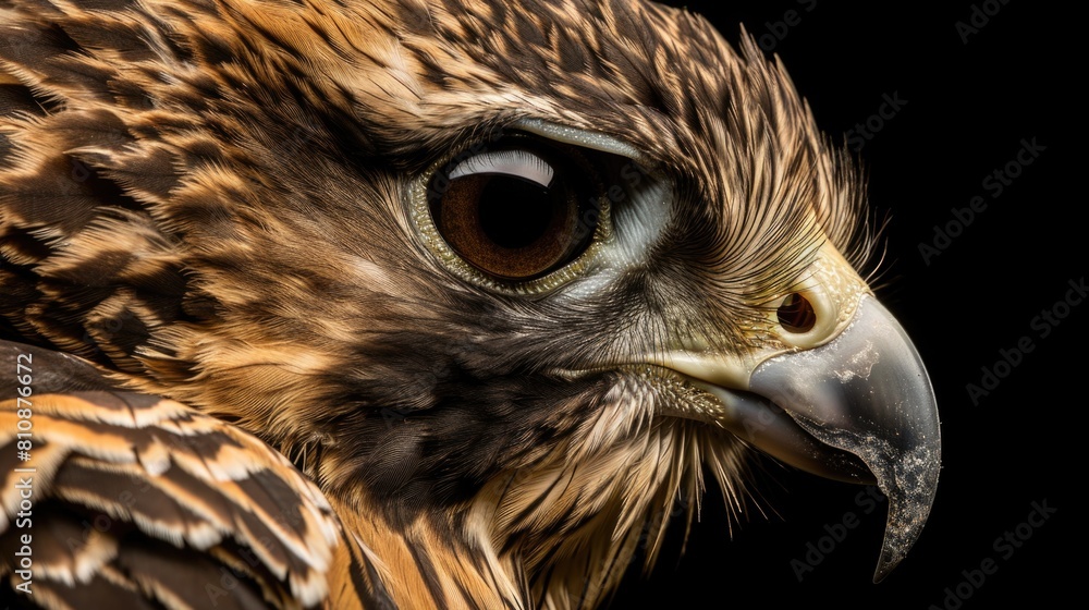 Poster a close up of a bird's face with a dark background. the bird's eyes are open and it has a sharp beak