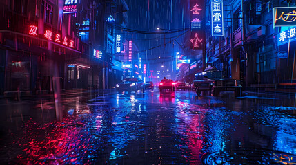 neon glow in urban rainstorms illuminate a cityscape featuring tall buildings, a parked car, and various signs including a blue sign, a red sign, and a