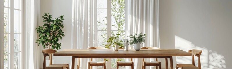Wooden table with chairs and a potted plant. Banner