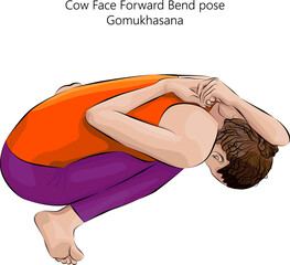 Young woman practicing Gomukhasana yoga pose.Cow Face Forward Bend pose. Intermediate Difficulty. Isolated vector illustration.