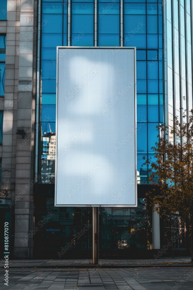Poster a large white sign is standing in front of a building. the sign is empty and the building is tall an
