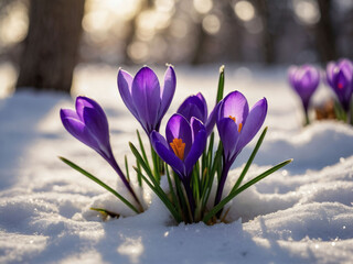 Crocus Resilience, Purple blooms push through the snow, showcasing nature's resilience in early spring.