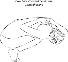 Sketch of young woman practicing Gomukhasana yoga pose.Cow Face Forward Bend pose. Intermediate Difficulty. Isolated vector illustration.
