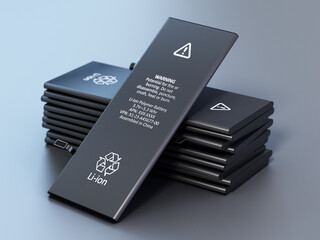 Stack of modern lithium Ion cellphone batteries isolated on gray background. 3D illustration