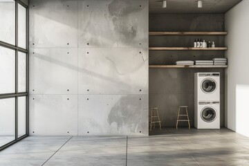 A minimalistic, modern bathroom with concrete walls and grey floor tiles. A large white wall is left blank for text or graphics