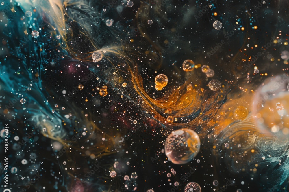 Poster a colorful galaxy of bubbles floating in the air. the bubbles are of various sizes and colors, creat