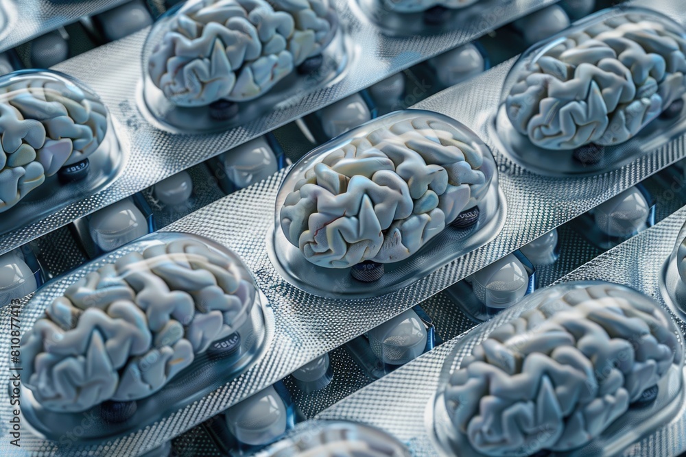 Poster a row of pills with a brain inside each one. the pills are in a plastic container. the pills are all