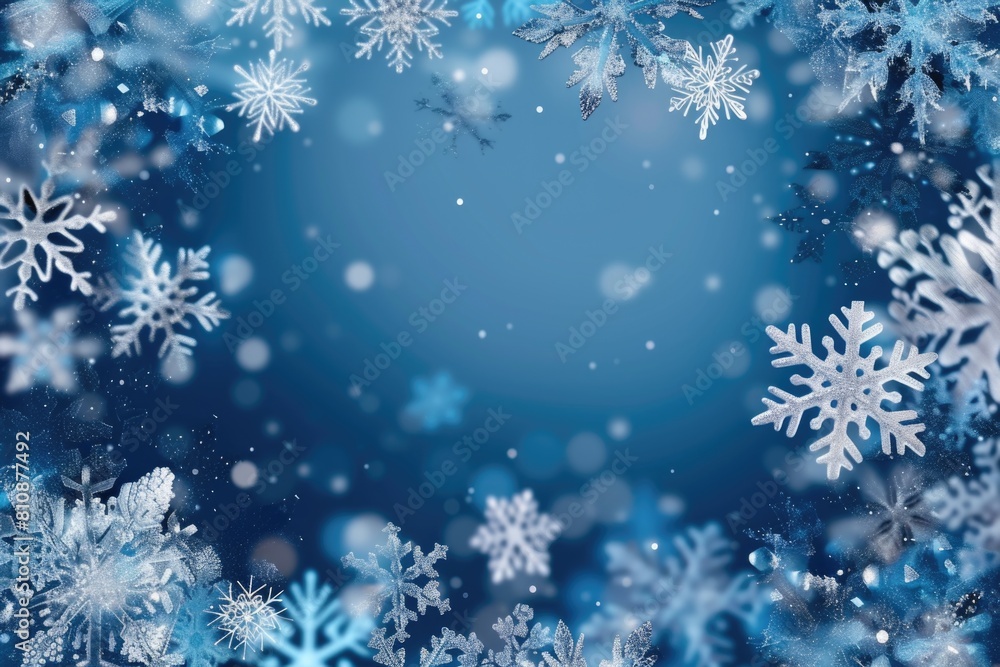 Poster a blue background with snowflakes falling on it. the snowflakes are falling in different directions 