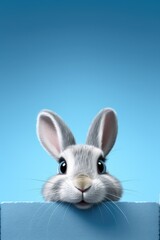 A rabbit is looking at the camera with its eyes wide open. The rabbit is looking at the camera with a curious expression, as if it is trying to understand what is happening. The image has a playful