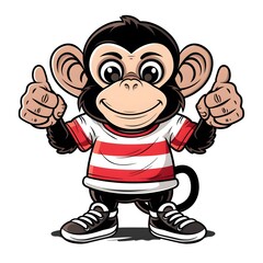 Obraz premium Cute monkey wearing red striped shirt with nice hand symbol