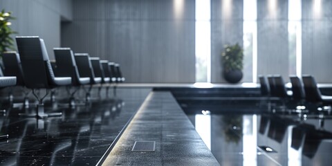 A large room with a black floor and black chairs. The chairs are arranged in rows and there is a potted plant in the room. The room appears to be a conference room or a waiting area