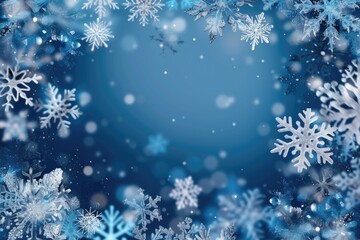 A blue background with snowflakes falling on it. The snowflakes are falling in different directions and sizes, creating a sense of movement and chaos. Scene is one of winter wonderland