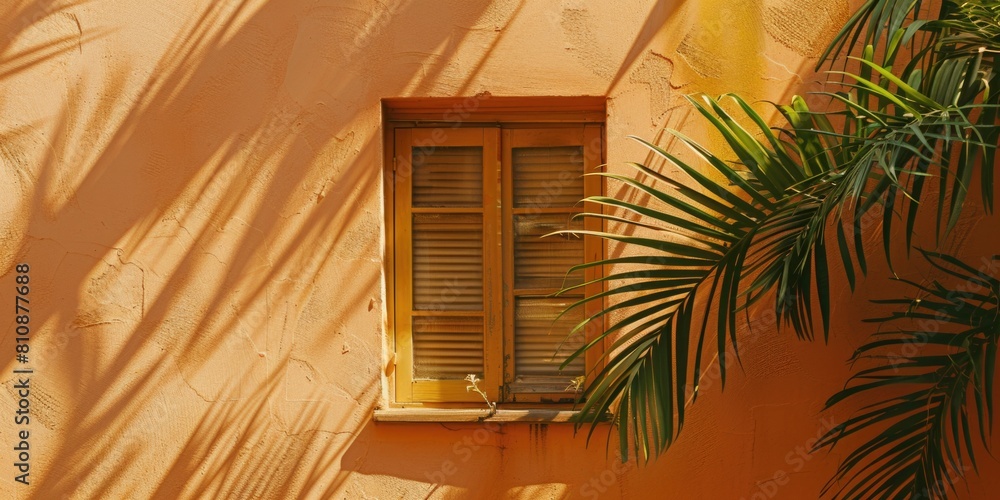 Aufkleber a window with shutters is in front of a wall. the window is open and the sun is shining through it