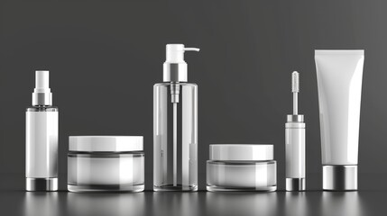 A collection of beauty products including a bottle of lotion, a bottle of shampoo, and a bottle of perfume