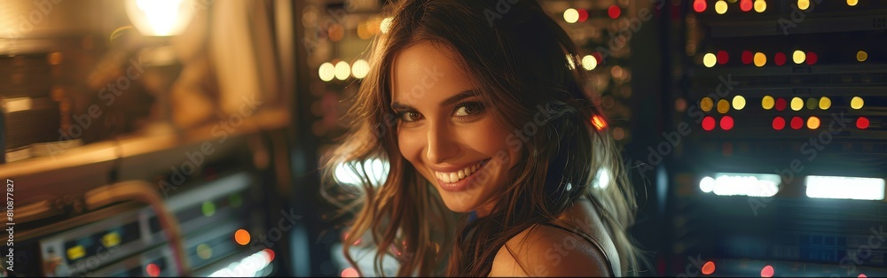Poster a woman is smiling while working in a control room, surrounded by computer screens and technology eq