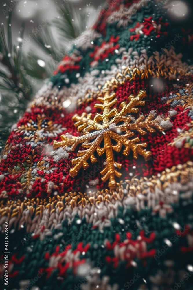 Poster a knitted sweater with a snowflake on it. the snowflake is gold and red