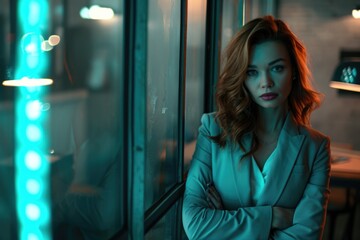 Fototapeta premium A woman in a suit is standing in front of a window with her arms crossed. The image has a moody and mysterious feel to it, as the woman's expression