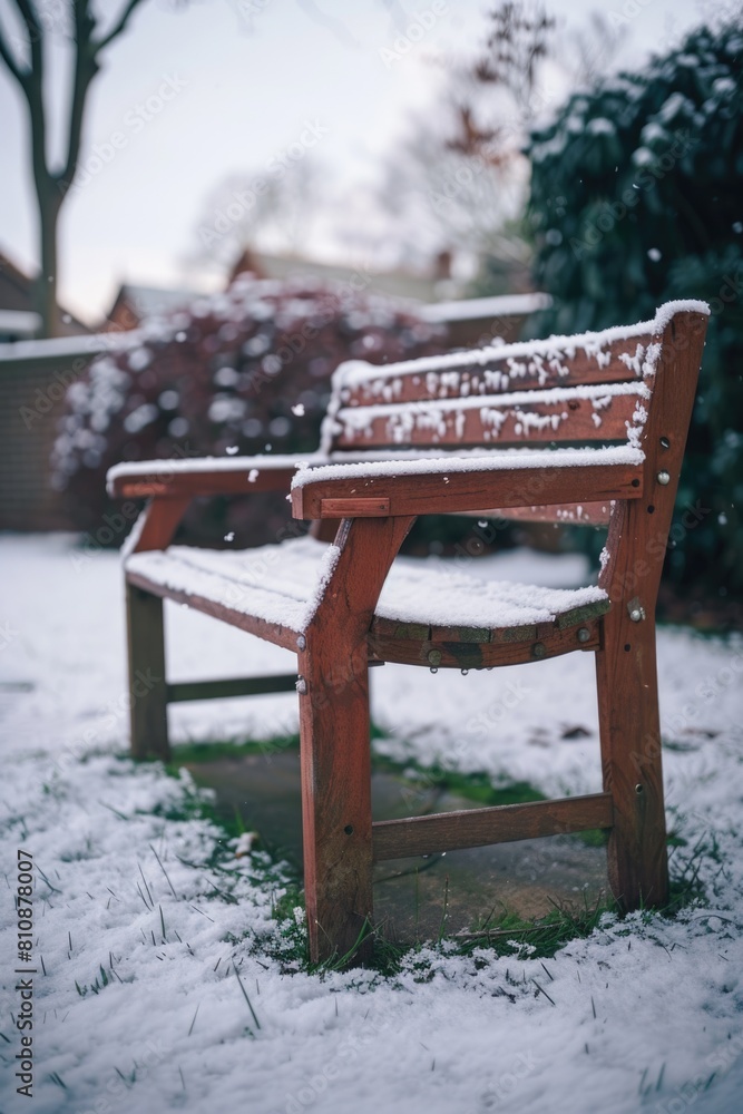 Poster a bench covered in snow sits in a yard. the snow is piled up on the bench and the ground around it. 