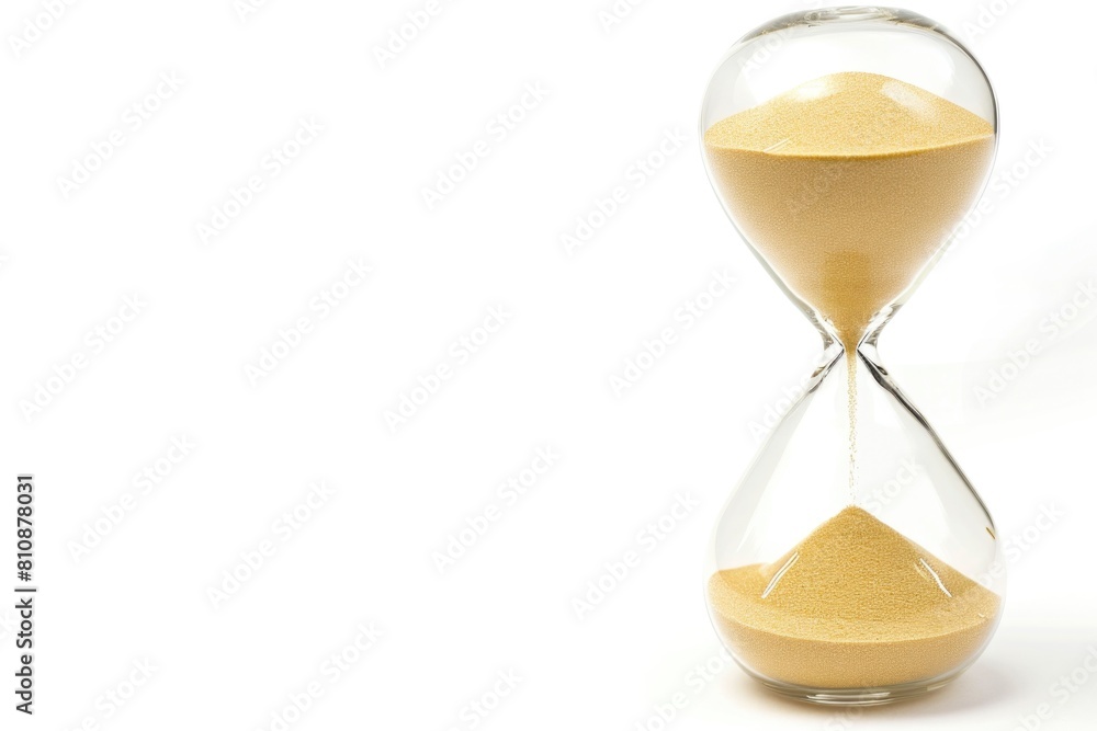 Poster a sand timer is sitting on a white background. concept of time passing and the fleeting nature of ti