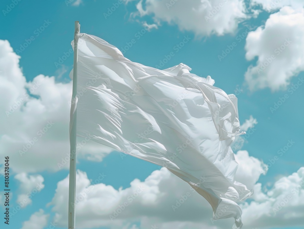 Poster a white flag is blowing in the wind on a cloudy day. the flag is tattered and torn, but it still sta