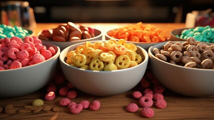 A variety of colorful cereal bowls are displayed on a wooden table. The bowls are filled with different types of cereal, including some with smiley faces on them. Concept of fun and enjoyment