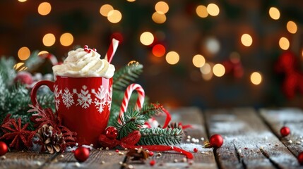 A red mug with whipped cream and a red cane is on a wooden table. The table is decorated with Christmas ornaments and pine branches - Powered by Adobe