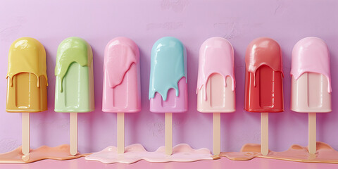 Fototapeta premium Popsicle ice cream with pastel colors, melting and dripping on the stick. Colorful summer popsicles background for product design or advertising concept of cold healthy food, ice lollies