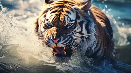 A tiger is swimming in the ocean with its mouth open and teeth bared. The tiger appears to be angry and aggressive