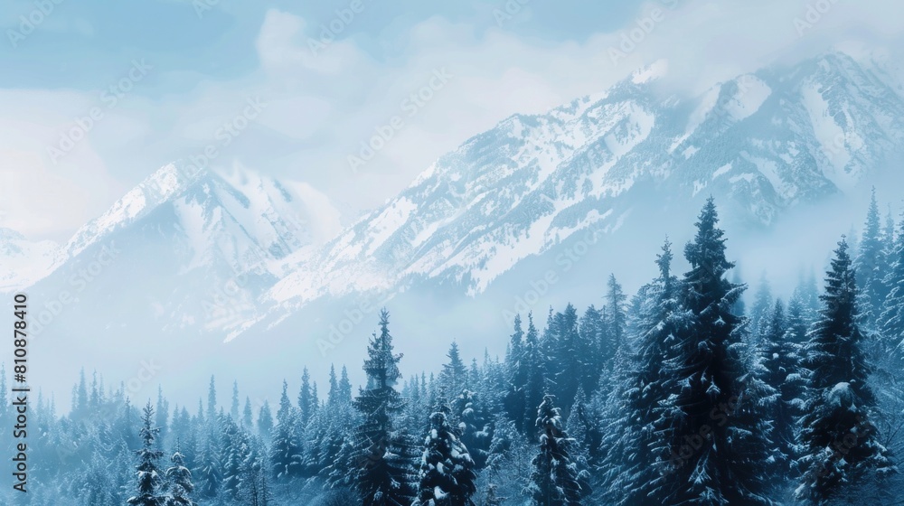 Poster a snowy mountain range with trees in the foreground. the sky is cloudy and the trees are covered in 