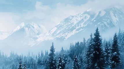 Fototapeta premium A snowy mountain range with trees in the foreground. The sky is cloudy and the trees are covered in snow