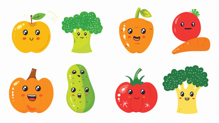 Cute funny fruits and vegetables. Set of Emoji apple