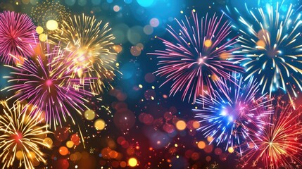 A colorful fireworks display with a bright blue sky. The fireworks are in various colors and are scattered throughout the sky. Scene is festive and celebratory