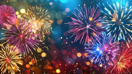 Fototapeta premium A colorful fireworks display with a bright blue sky. The fireworks are in various colors and are scattered throughout the sky. Scene is festive and celebratory