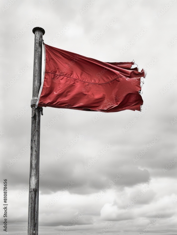 Poster a red flag is blowing in the wind. the flag is torn and tattered, and the pole it is attached to is 