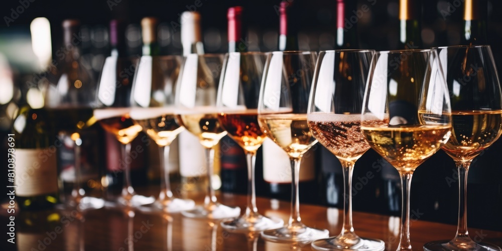 Poster a row of wine glasses and bottles on a bar counter. the wine glasses are filled with different types