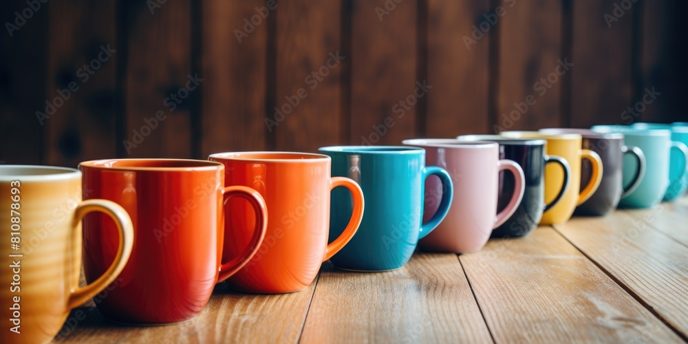 Poster a row of colorful coffee mugs on a wooden table. the mugs are arranged in a line, with some being ta