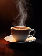 A white coffee cup with steam rising from it. The steam is coming out of the cup and filling the air