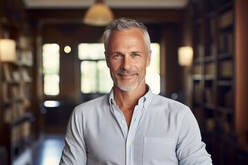 Fototapeta premium Portrait of a cheerful man in his 50s wearing a simple cotton shirt while standing against classic library interior