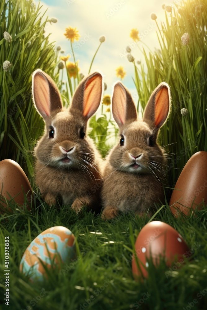 Poster two rabbits are sitting in a field of grass with two eggs in the background. scene is playful and li
