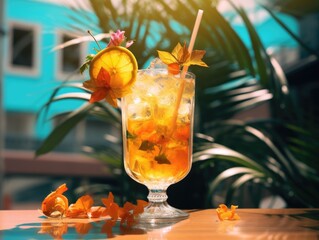 A glass of tea with a straw and a slice of orange on top. The glass is on a table with some flowers and leaves