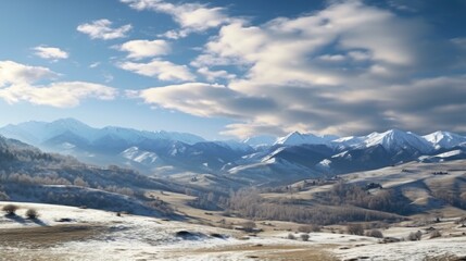 A snowy mountain range with a clear blue sky. The mountains are covered in snow and the sky is filled with clouds. The scene is peaceful and serene, with the mountains towering over the landscape