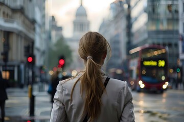 confident businesswoman looking out at city street downtown london setting