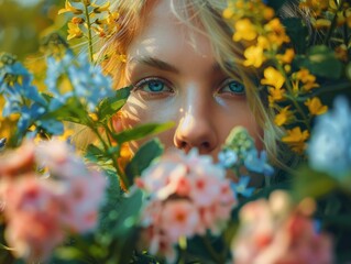 A woman is surrounded by flowers and is looking at the camera. The flowers are pink and yellow, and the woman's eyes are blue. The image has a dreamy, whimsical feel to it