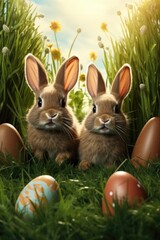 Two rabbits are sitting in a field of grass with two eggs in the background. Scene is playful and lighthearted, as the rabbits seem to be enjoying their time in the grass