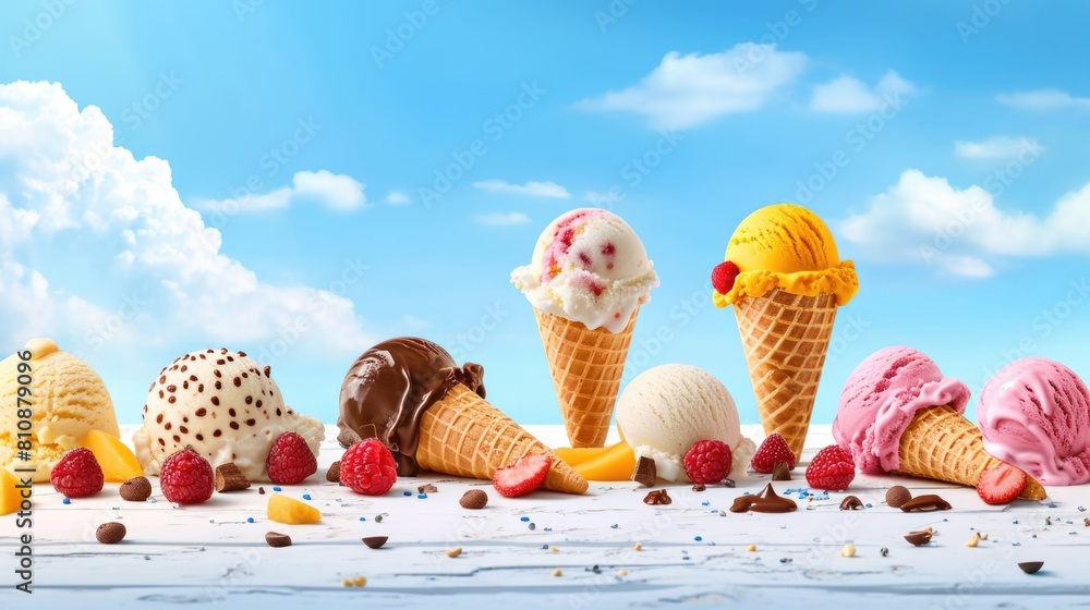 Poster a row of ice cream cones with different flavors and toppings. concept of variety and abundance, as t