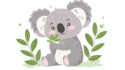 Cute koala eating leaf branch. Happy funny baby animal