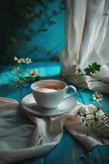 Obraz premium A white cup of tea sits on a saucer on a blue table. The table is surrounded by a white cloth and a few flowers. Concept of calm and relaxation