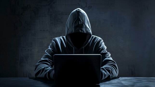 Dark figure hoodie laptop, clickjacking attack, cyber security