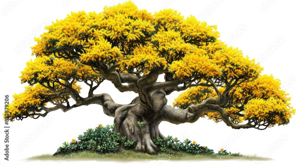 Poster a large tree with yellow leaves is the main focus of the image. the tree is surrounded by grass and 