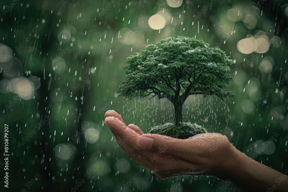 Poster a hand holding a tree in a rainstorm. the tree is surrounded by water droplets, and the rain is fall